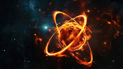Atom of matter glowing and emitting energy in black space