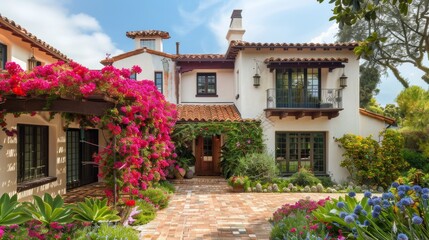 Obraz premium Mediterranean-style house with terracotta roof, vibrant bougainvillea, and an inviting courtyard