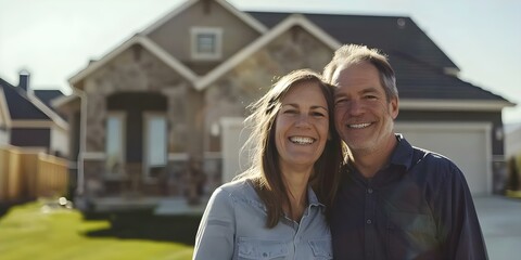 Joyful couple in front of their new home celebrating a milestone. Concept Family Portraits, New Home, Milestone Celebration, Joyful Moments