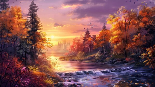 Autumn landscape with colorful trees, river and sunset. Digital painting