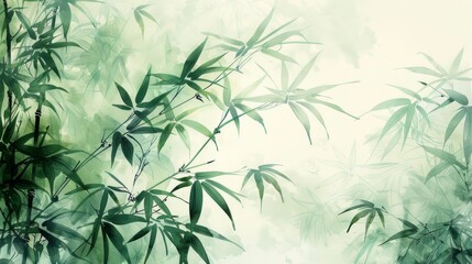 Fototapeta premium Abstract art of green bamboo stalks and leaves in a misty forest, painted in a traditional sumi-e style with soft watercolor textures. Concept of nature, serenity, tranquility, growth, and renewal.