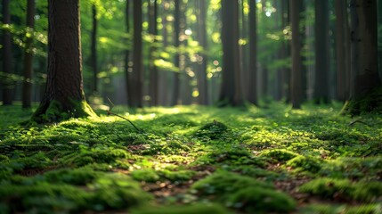 A forest with a lot of moss and green grass