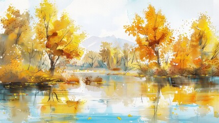 Autumn landscape with yellow trees and lake. Watercolor painting