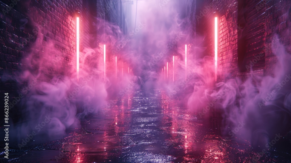 Poster Mysterious smoke and neon reflections creating an abstract light display in an empty alley.