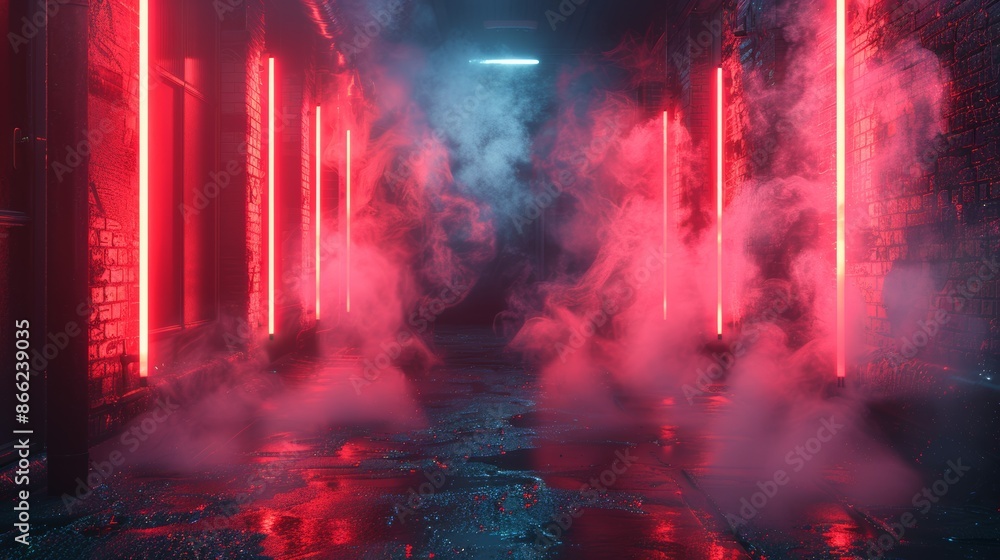 Aufkleber mysterious smoke and neon reflections creating an abstract light display in an empty alley.