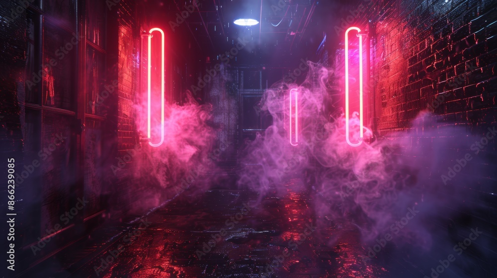 Poster mysterious smoke and neon reflections creating an abstract light display in an empty alley.