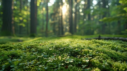 A lush green forest with a bright sun shining through the trees