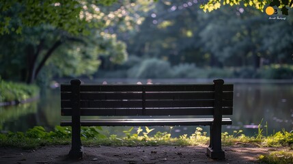 A wooden bench is sitting in a park by a pond