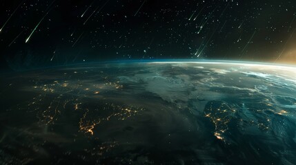 Nighttime Earth from orbit with visible light patterns of human settlements and the cosmic expanse beyond