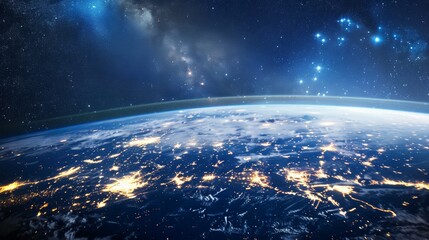 Obraz premium Nighttime Earth from space with a clear view of the continents and scattered light pollution