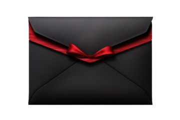 The Enigmatic Black Envelope Wrapped in a Scarlet Ribbon on White or PNG Transparent Background.