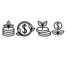 sustainable coin investment grow with leaves icons symbol vector design simple black white color illustration collection sets