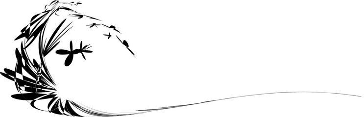 Corner rounded frame of sweeping squiggles and butterflies. Copy space for text. Suitable for logos, emblems. Vector.