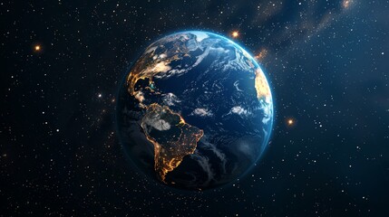 Planet Earth at night showing glowing continents surrounded by the darkness of space