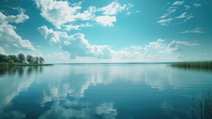 A calm lake with a blue sky in the background