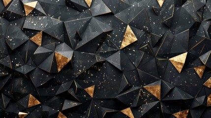Abstract geometric black and gold triangle background. 3D rendering of a modern pattern with a luxurious look and feel.