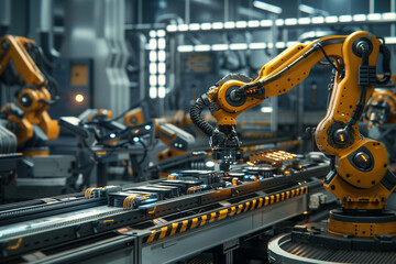 photo of a high-tech robotic arm equipped with AI, precisely assembling electronic components on a conveyor belt in a futuristic factory. The background includes other robotic syst