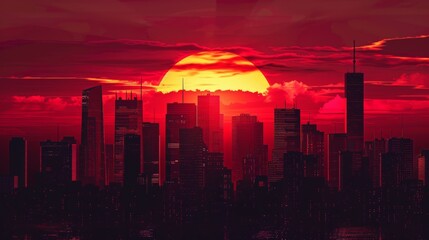 Fototapeta premium Red sunset behind a city skyline with skyscrapers in silhouette