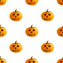 Seamless pattern Halloween pumpkin with scary face watercolor illustration on white background. Hand drawn funny holiday print for scrapbooking, invitation, card, wrapping paper, textile wallpaper