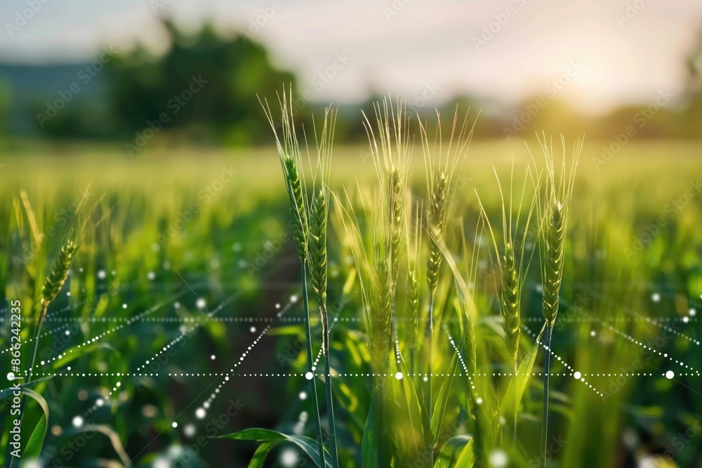 Poster wheat field with digital network overlay. concept of advanced farming techniques and precision agric