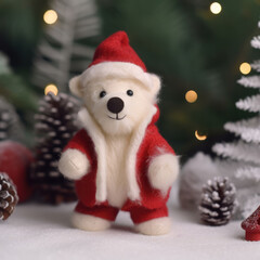 Fototapeta premium generated illustration of a baby polar bear wearing a santa hat against christmas tree background