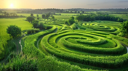 Aerial view of a scenic, lush green labyrinth maze garden in the countryside, illuminated by the soft hues of the sunrise, with fields in the background.