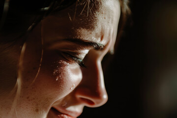 Emotional Close Up of Young Woman's Tear Stained Face in Low Light