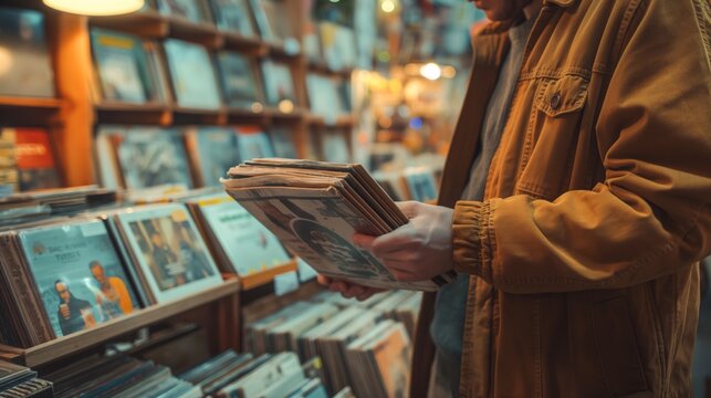 Browsing a treasure trove of vinyl records: A person holding a vintage album in a music store.