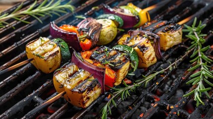 Fototapeta premium BBQ Grilled vegetables on Skewers with Fresh Herbs and Spices. Summer Barbecue Food. Grilled vegetables on grate outside.