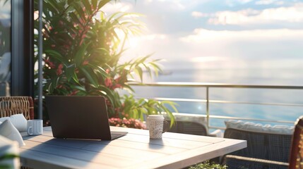 Fototapeta premium Remote work setup with a laptop on a table, with a scenic outdoor view from a balcony