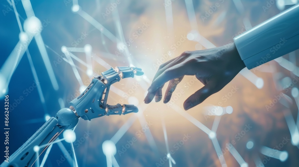 Aufkleber robot hand and human hand meeting against a backdrop of a vast digital network, representing the fut