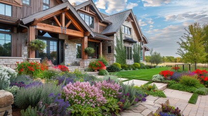 Rustic farmhouse with wooden beams, colorful plants, and a welcoming front yard