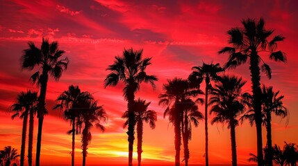 Silhouetted palm trees against a vivid red sunset sky