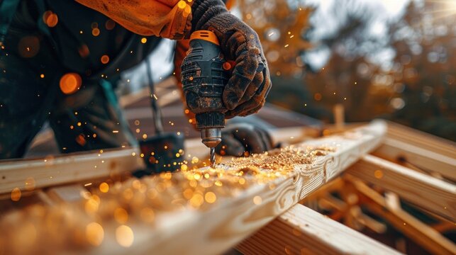 A carpenter using drill tool or electric screwdriver working at house construction site on wooden roof truss for building a wooden house