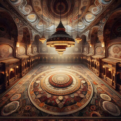 Obraz premium An ornate and grand interior of a palace or temple with intricate patterns adorning the ceiling, walls, and floor, featuring a large central chandelier and a richly detailed circular carpet.