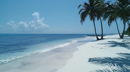 Crescent of white sand curves along azure waters. Towering palm trees lean over beach, fronds swaying gently. Clear blue sky with wispy clouds. 