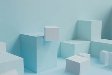 Abstract Art Installation with Stacked White Cubes on Light Blue Background