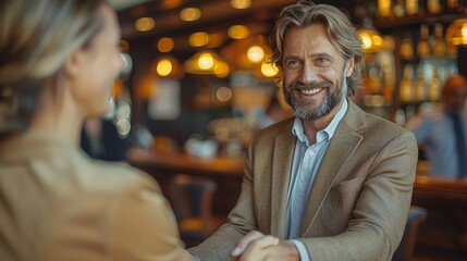 Obraz premium Smiling businessman shaking hands with a client in an office setting.