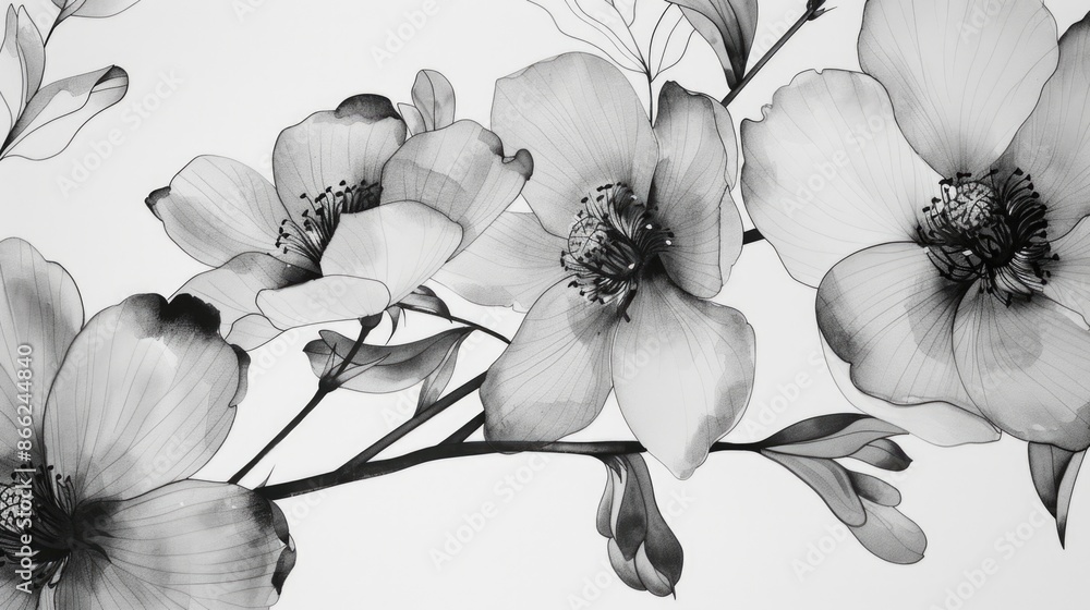 Wall mural Beautiful flowers drawn in ink in black and white toner. Floral ornament