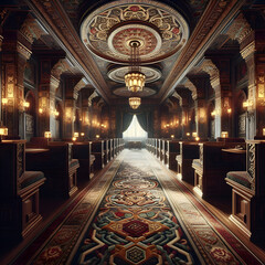 Obraz premium An opulent and intricately designed interior hallway featuring ornate ceilings, luxurious carpets, decorative columns, chandeliers, and an elegant, grand atmosphere.