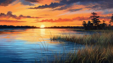 Serene Sunset over Lake. Tranquil Landscape Painting of a Colorful Sky Reflected in Calm Water