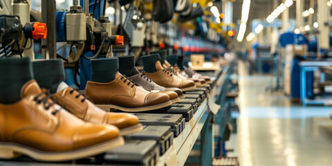 Obraz premium Assembly Line of Leather Shoes in Modern Shoe Manufacturing Factory