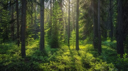 Fototapeta premium Sun-dappled forest scene with healthy green spruce, fir, and pine trees, and a lush undergrowth