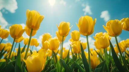 Fototapeta premium Vibrant Yellow Tulips Bloom Under Blue Sky. Spring Flowers in Full Bloom