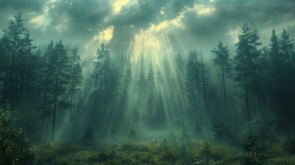 Sunlight breaking through storm clouds over a dense forest, casting dramatic light and shadows.