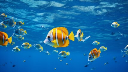 Fototapeta premium Vibrant Tropical Fish Swimming in Clear Blue Ocean Water. Concepts. marine life, coral reef, scuba diving, snorkeling, and underwater photography.