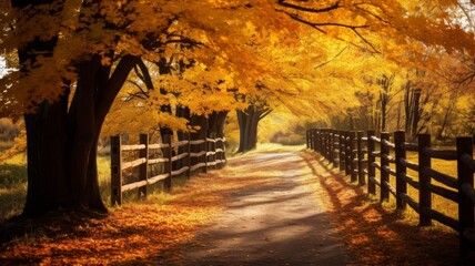 Scenic Autumn Path. Golden foliage and wooden fence create idyllic countryside scene