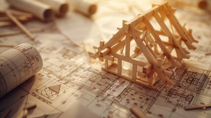 A model house sits on top of a blueprint that shows how a carpenter shapes wooden roof trusses to become the foundation for a new house