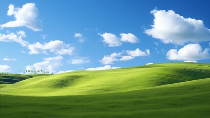 Serene green hills under a bright blue sky dotted with fluffy white clouds. Concepts. nature, landscape, tranquility, peace, outdoors, environment, summer, spring, idyllic, scenic