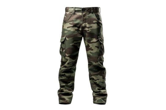 The Stealthy Elegance of Camo Cargo Pants on White or PNG Transparent Background.